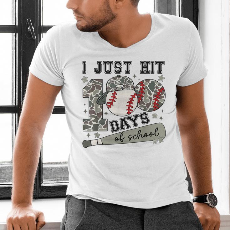 I Just Hit 100 Days Of School Teacher Baseball Boys Kids Men's V-Neck T-Shirt I Just Hit 100 Days Of School Teacher Baseball Boys Kids Men's V-Neck T-Shirt
