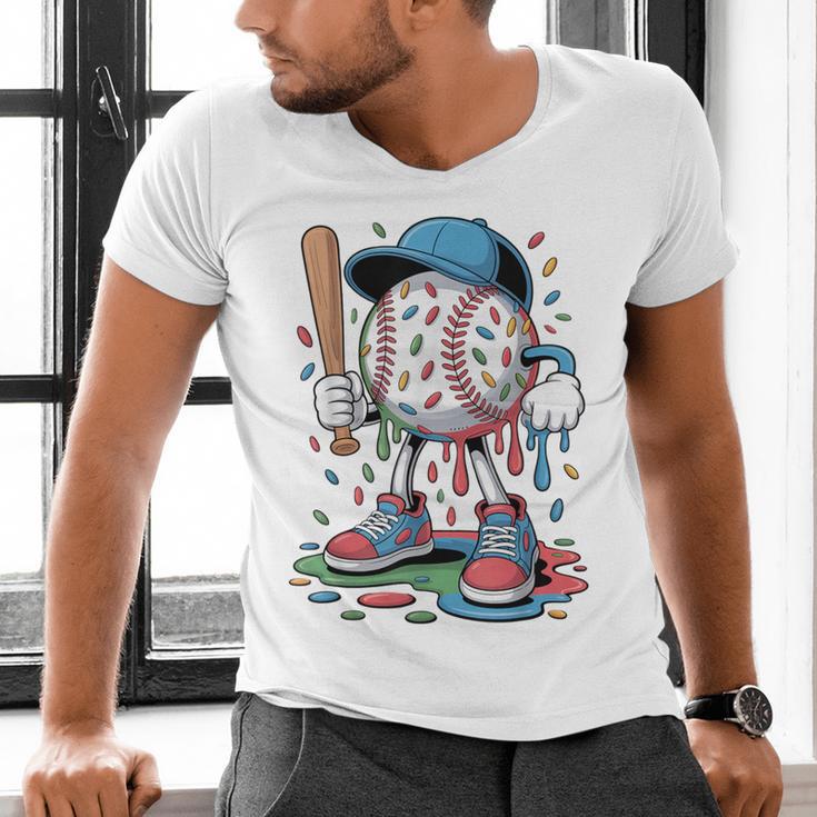 Melting Slime Sprinkle Baseball Mascot With Bat Men's V-Neck T-Shirt Melting Slime Sprinkle Baseball Mascot With Bat Men's V-Neck T-Shirt