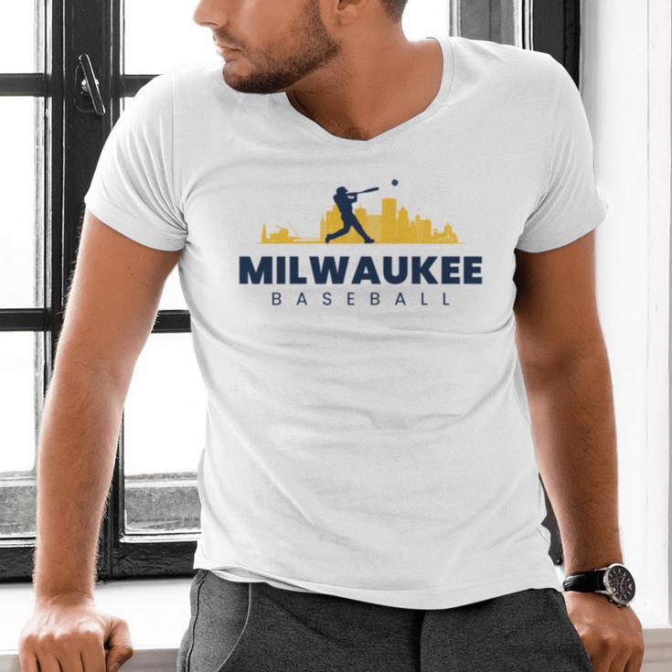 Milwaukee Baseball Minimalist City Skyline Baseball Lover Men's V-Neck T-Shirt Milwaukee Baseball Minimalist City Skyline Baseball Lover Men's V-Neck T-Shirt
