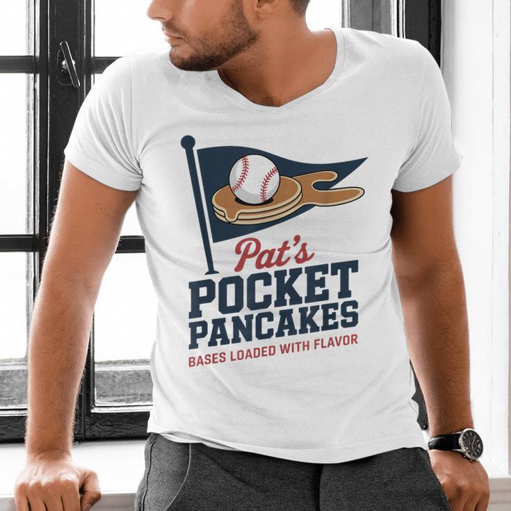 Pat's Pocket Pancakes Flag Baseball On Pancake Men's V-Neck T-Shirt Pat's Pocket Pancakes Flag Baseball On Pancake Men's V-Neck T-Shirt