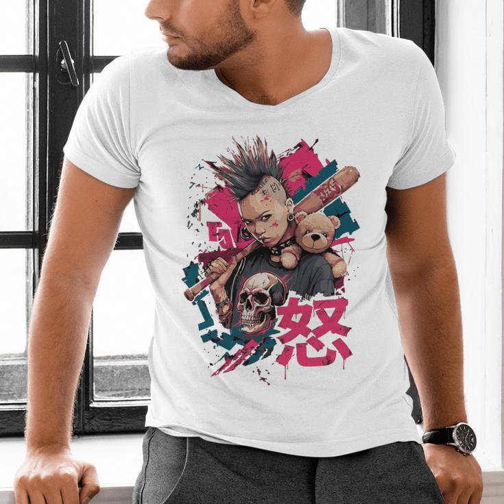 Punk Girl With Anger Kanji And Baseball Bat Men's V-Neck T-Shirt Punk Girl With Anger Kanji And Baseball Bat Men's V-Neck T-Shirt
