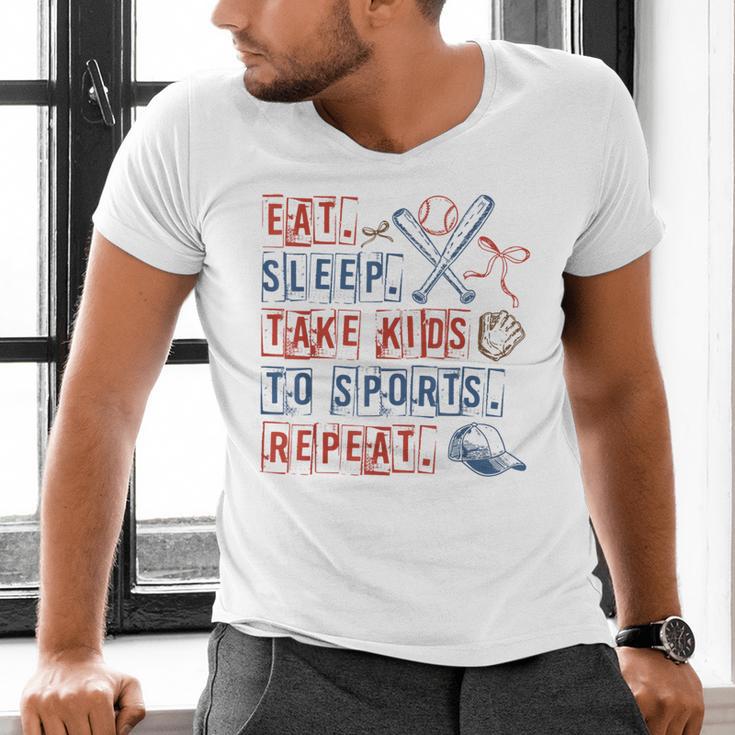 Retro Eat Sleep Take Kids To Sports Repeat Game Day Baseball Men's V-Neck T-Shirt Retro Eat Sleep Take Kids To Sports Repeat Game Day Baseball Men's V-Neck T-Shirt