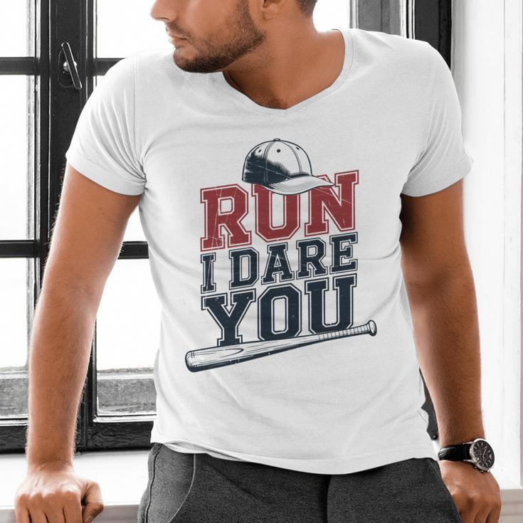 Run I Dare You Baseball Catcher Player Fan Men's V-Neck T-Shirt