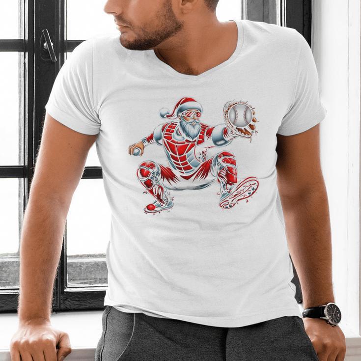 Santa Playing Baseball Catcher Merry Christmas Sport Player Men's V-Neck T-Shirt Santa Playing Baseball Catcher Merry Christmas Sport Player Men's V-Neck T-Shirt