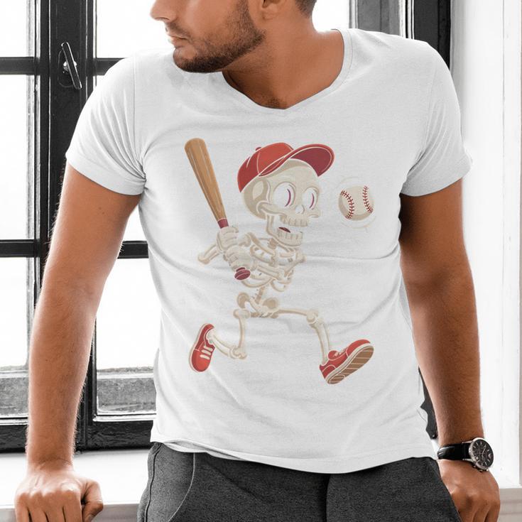 Skeleton Batting Baseball Halloween Boys Men Kids Men's V-Neck T-Shirt Skeleton Batting Baseball Halloween Boys Men Kids Men's V-Neck T-Shirt