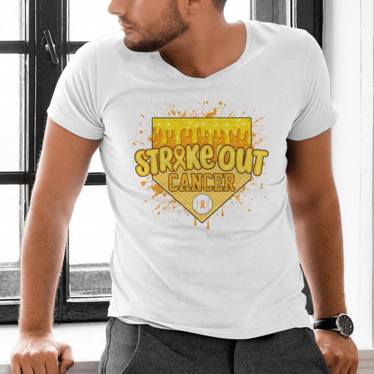 Strike Out Childhood Cancer Boys Baseball Drip Gold Ribbon Men's V-Neck T-Shirt