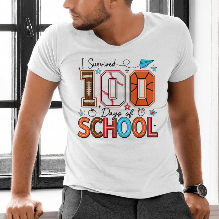 I Survived 100 Days Baseball Football Basketball School Kids Men's V-Neck T-Shirt I Survived 100 Days Baseball Football Basketball School Kids Men's V-Neck T-Shirt