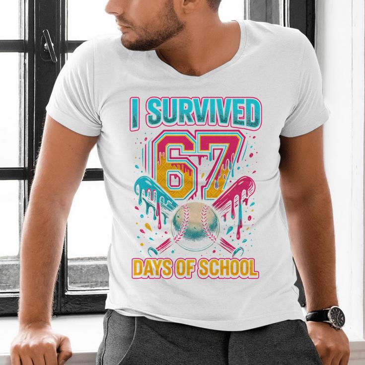 I Survived 67 Days Of School Baseball Drip Six Seven Meme Men's V-Neck T-Shirt