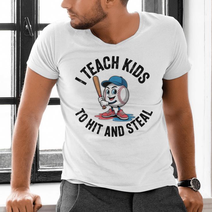 I Teach Kids To Hit And Steal Baseball Softball Coach Men's V-Neck T-Shirt I Teach Kids To Hit And Steal Baseball Softball Coach Men's V-Neck T-Shirt
