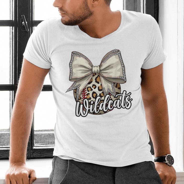 Wildcats Baseball Leopard Print Coquette Bow Mascot Game Day Men's V-Neck T-Shirt Wildcats Baseball Leopard Print Coquette Bow Mascot Game Day Men's V-Neck T-Shirt
