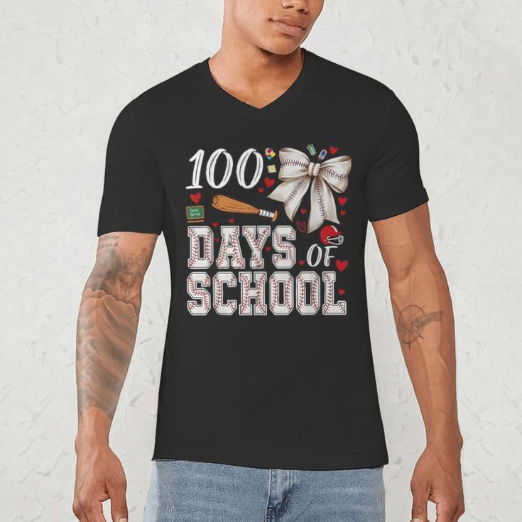 100 Days Of School Baseball 100th Day Of School Coquette Bow Men's V-Neck T-Shirt 100 Days Of School Baseball 100th Day Of School Coquette Bow Men's V-Neck T-Shirt