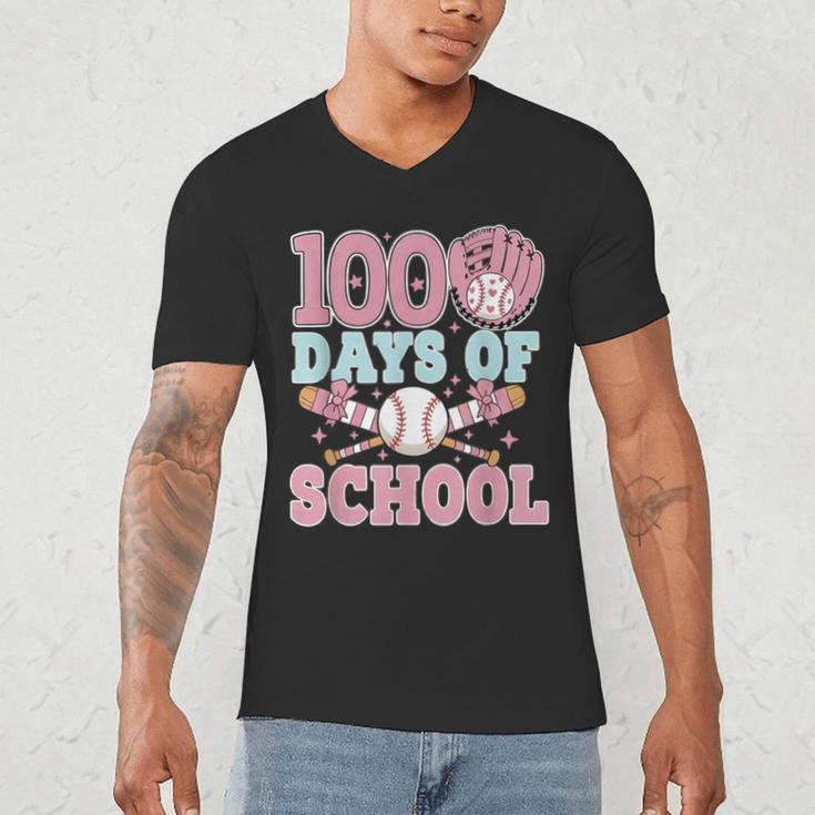 100 Days Of School Baseball 100th Day Of School Girls Men's V-Neck T-Shirt