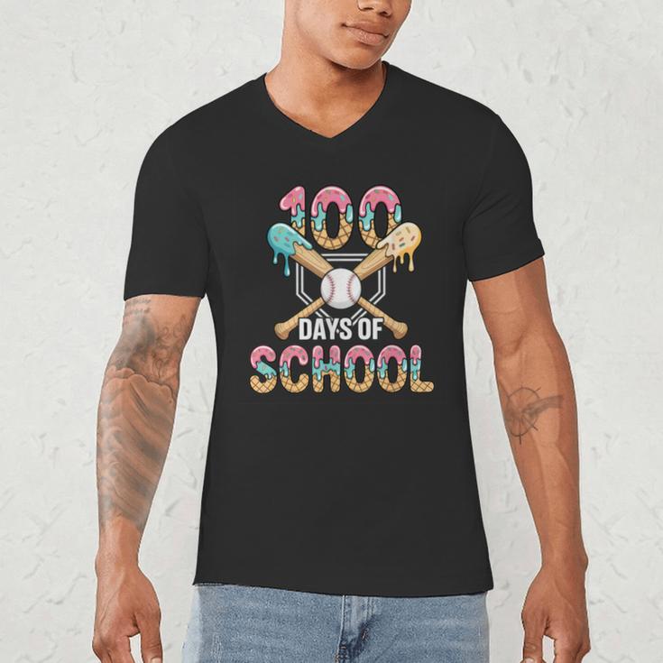 100 Days Of School Baseball 100th Day Of School Men's V-Neck T-Shirt