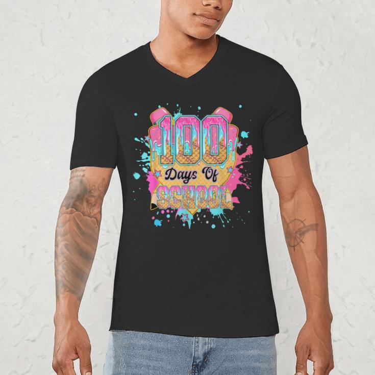 100 Days Of School Baseball Drip Boys Kids 100th Day Men's V-Neck T-Shirt