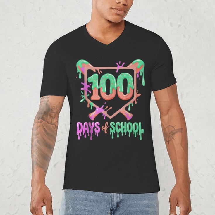 100 Days Of School Baseball Ice Cream Drip 100th Day Player Men's V-Neck T-Shirt 100 Days Of School Baseball Ice Cream Drip 100th Day Player Men's V-Neck T-Shirt