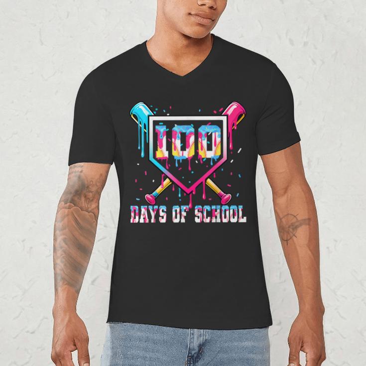 100 Days Of School Boy Kids Baseball Ice Cream Drip Teacher Men's V-Neck T-Shirt 100 Days Of School Boy Kids Baseball Ice Cream Drip Teacher Men's V-Neck T-Shirt