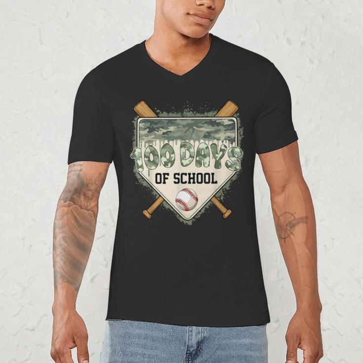 100 Days Of School Home Plate Camo Baseball Dripping Boys Men's V-Neck T-Shirt
