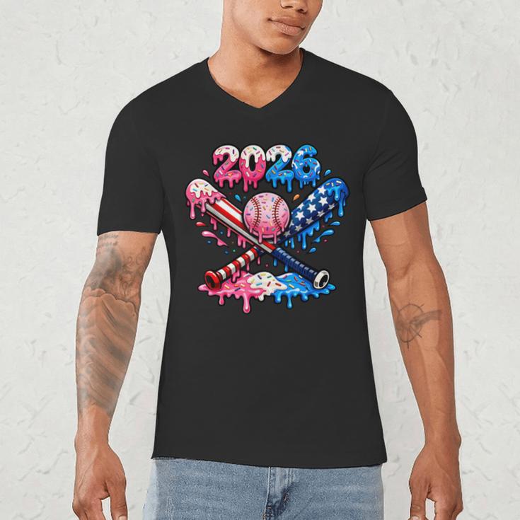 2026 American Flag Baseball Ice Cream Drip Bats Boys Men's V-Neck T-Shirt 2026 American Flag Baseball Ice Cream Drip Bats Boys Men's V-Neck T-Shirt
