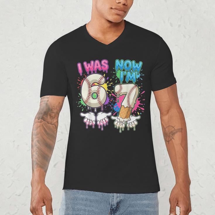 I Was 6 Now I'm 7 Baseball Drip 67 Birthday Boy 7th Birthday Men's V-Neck T-Shirt I Was 6 Now I'm 7 Baseball Drip 67 Birthday Boy 7th Birthday Men's V-Neck T-Shirt