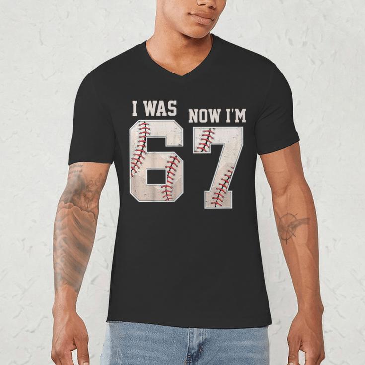 I Was 6 Now I'm 7 Year Old Birthday 67 Meme Baseball Bday Men's V-Neck T-Shirt