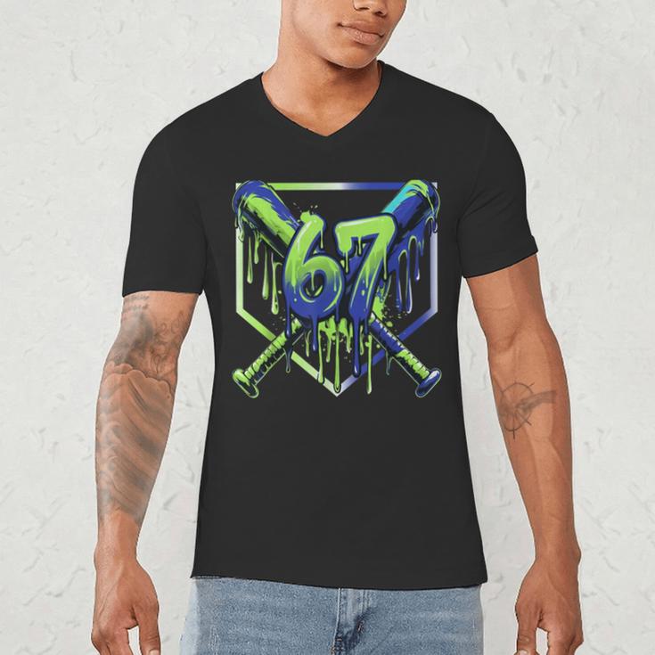 67 Baseball Drip Effect Urban Tee Style 6-7 Meme Graphic Men's V-Neck T-Shirt