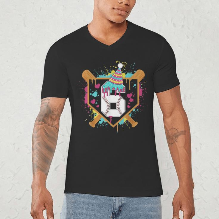 6th Birthday Baseball Drip Number 6 Year Old Birthday Boy Men's V-Neck T-Shirt 6th Birthday Baseball Drip Number 6 Year Old Birthday Boy Men's V-Neck T-Shirt