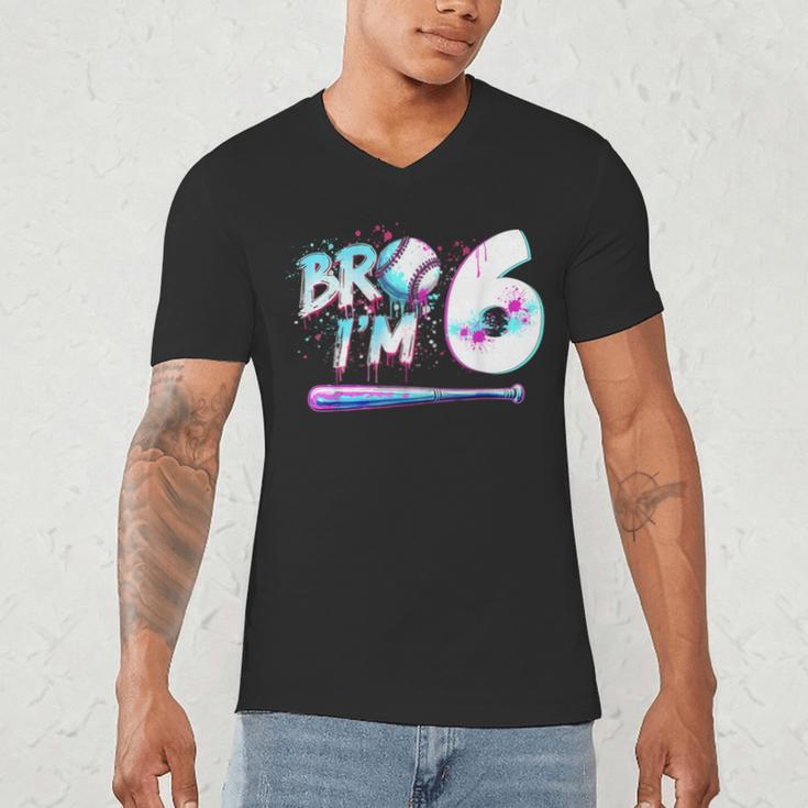 6th Birthday Boy Bro I'm 6 Year Old Baseball Ice Cream Drip Men's V-Neck T-Shirt