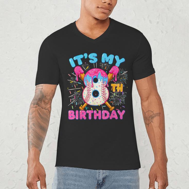 8th Birthday Baseball 8 Year Old Ice Cream Drip Boy Baseball Men's V-Neck T-Shirt