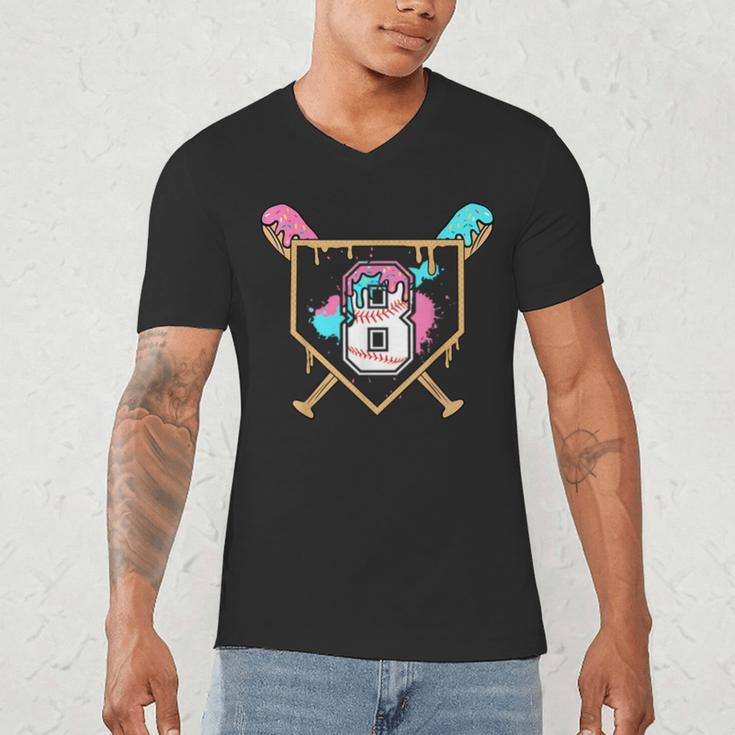 8th Birthday Baseball Bat Ice-Cream Drip 8yrs Old Boys Girls Men's V-Neck T-Shirt