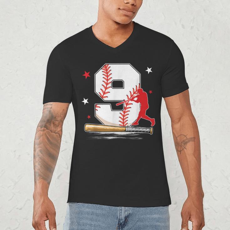 9 Years Old Baseball Birthday Boy 9th Bday Party Men's V-Neck T-Shirt