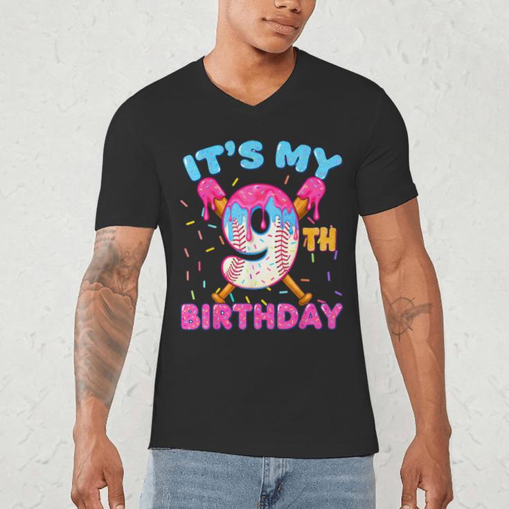9th Birthday Baseball 9 Year Old Ice Cream Drip Boy Baseball Men's V-Neck T-Shirt 9th Birthday Baseball 9 Year Old Ice Cream Drip Boy Baseball Men's V-Neck T-Shirt