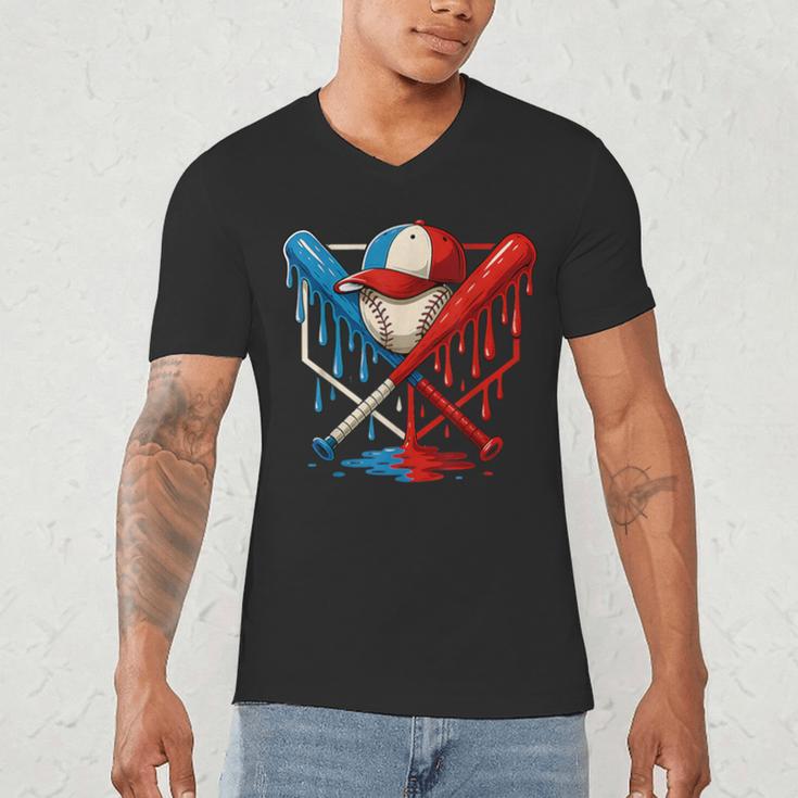 American Baseball Drip Graffiti Ball And Bat Men's V-Neck T-Shirt