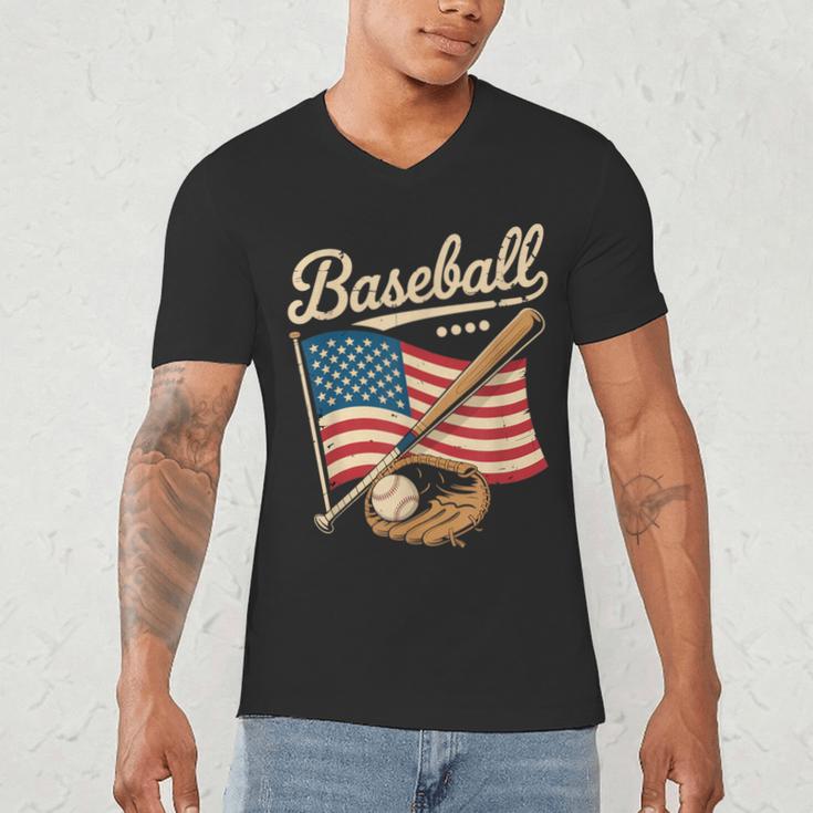 American Flag Baseball Player Bat Fan Catcher Pitcher USA Men's V-Neck T-Shirt