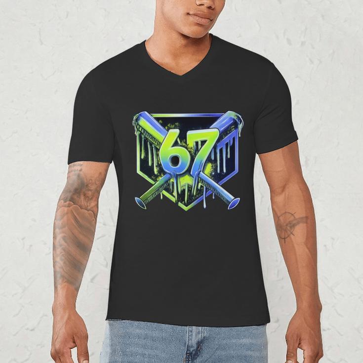 Awesome 67 Baseball Drip Effect Baseball 6-7 Meme Graphic Men's V-Neck T-Shirt Awesome 67 Baseball Drip Effect Baseball 6-7 Meme Graphic Men's V-Neck T-Shirt