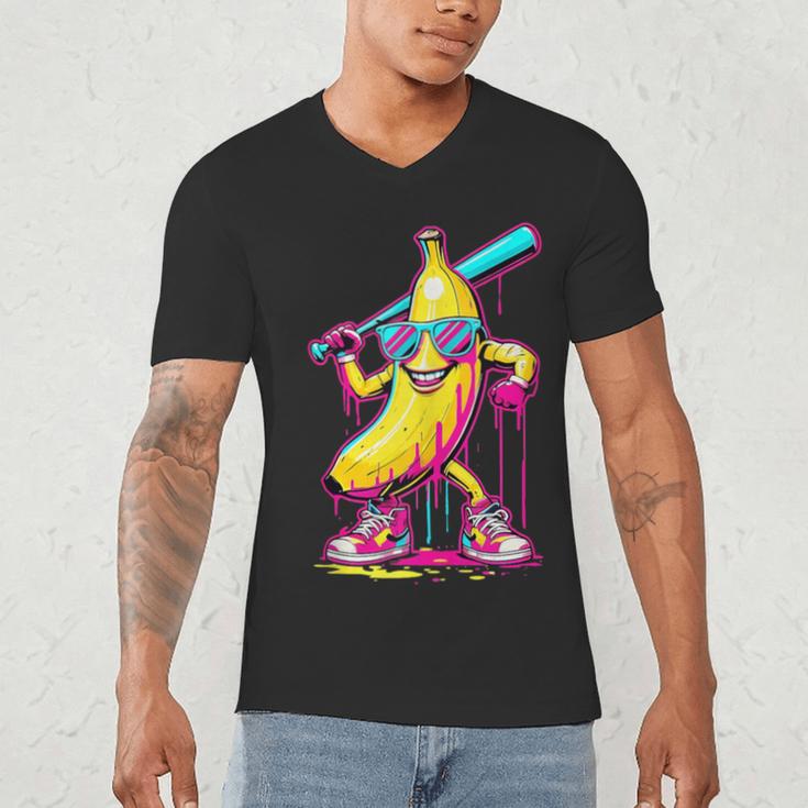 Banana With Baseball Bat Street Baseball Drip Men's V-Neck T-Shirt Banana With Baseball Bat Street Baseball Drip Men's V-Neck T-Shirt