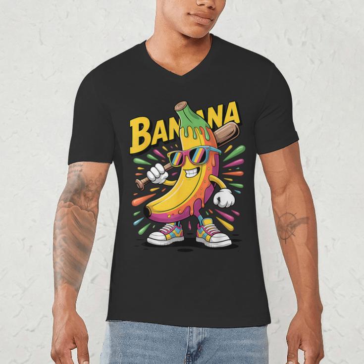 Banana Baseball Cartoon Cool Sports Kids Teens Men's V-Neck T-Shirt