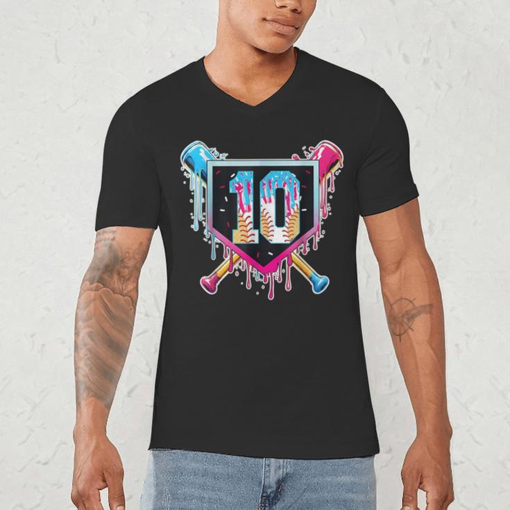 Baseball 10 Year Old Boy Ice Cream Drip 10th Birthday Player Men's V-Neck T-Shirt