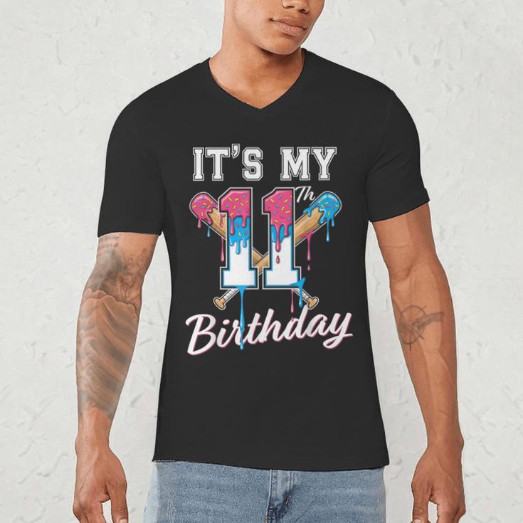 Baseball 11 Year Old Ice Cream Drip 11th Birthday Boys Men's V-Neck T-Shirt
