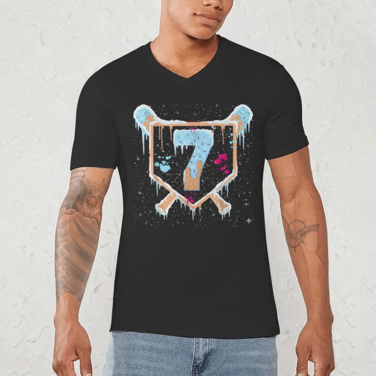 Baseball 7 Year Old Ice Cream Drip 7th Birthday Boy Number 7 Men's V-Neck T-Shirt Baseball 7 Year Old Ice Cream Drip 7th Birthday Boy Number 7 Men's V-Neck T-Shirt