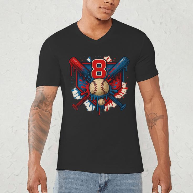 Baseball 8 Year Old Splash Drip 8th Birthday Boy Number 8 Men's V-Neck T-Shirt