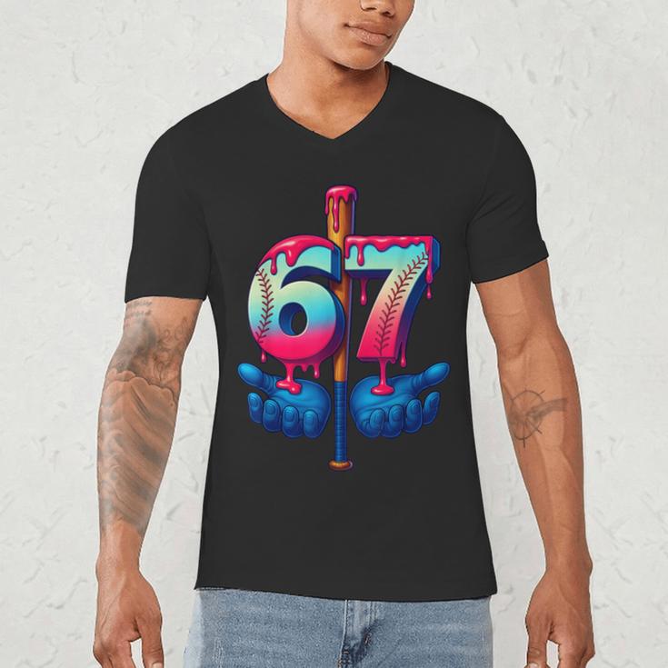 Baseball Bat Hands Drip 67 Six Seven Gen Alpha Slang Meme Men's V-Neck T-Shirt Baseball Bat Hands Drip 67 Six Seven Gen Alpha Slang Meme Men's V-Neck T-Shirt