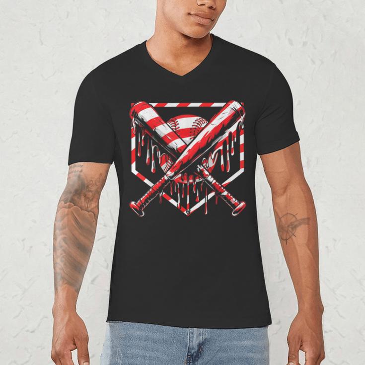 Baseball Candy Cane Christmas Baseball Ice Cream Drip Boys Men's V-Neck T-Shirt Baseball Candy Cane Christmas Baseball Ice Cream Drip Boys Men's V-Neck T-Shirt