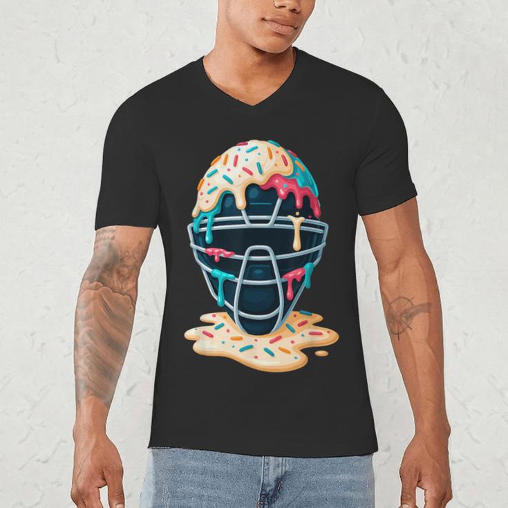 Baseball Catcher Mask Ice Cream Dripping Baseball Boy Youth Men's V-Neck T-Shirt