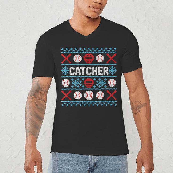Baseball Catcher Ugly Christmas Sweater Pattern Sports Xmas Men's V-Neck T-Shirt Baseball Catcher Ugly Christmas Sweater Pattern Sports Xmas Men's V-Neck T-Shirt