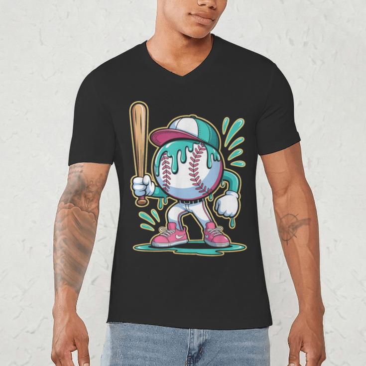 Baseball Character Cartoon Batter Drip Style Women Men Men's V-Neck T-Shirt