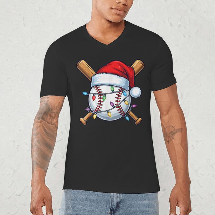 Baseball Christmas Lights Santa Christmas Baseball Player Men's V-Neck T-Shirt Baseball Christmas Lights Santa Christmas Baseball Player Men's V-Neck T-Shirt