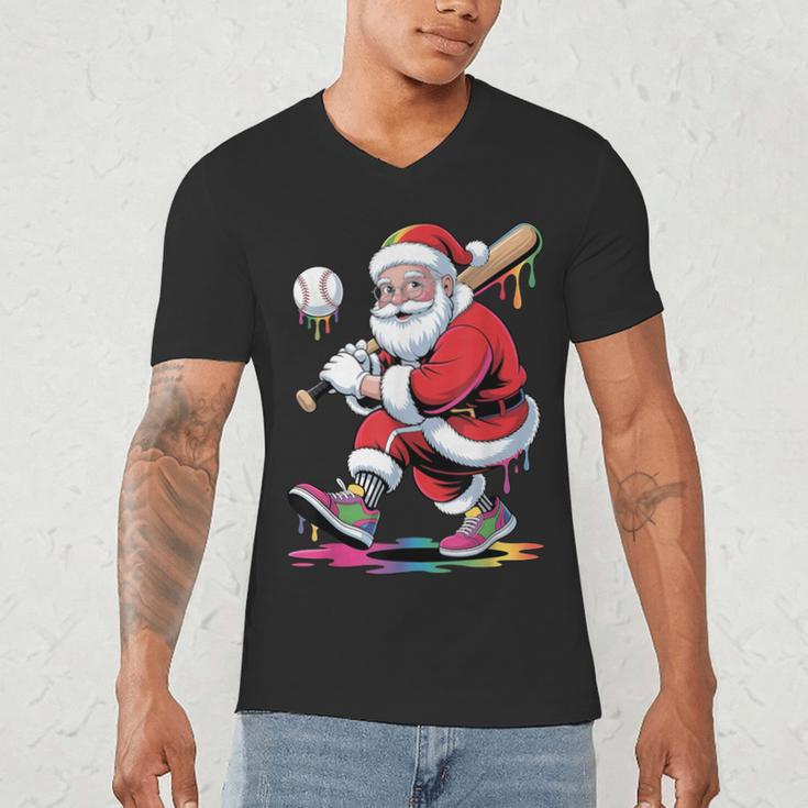 Baseball Christmas Santa Claus Batter Baseball Drip Men's V-Neck T-Shirt