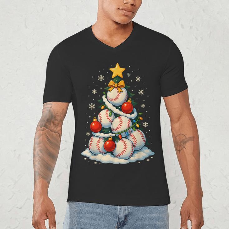 Baseball Christmas Tree Lights Santa Sport Player Lover Xmas Men's V-Neck T-Shirt Baseball Christmas Tree Lights Santa Sport Player Lover Xmas Men's V-Neck T-Shirt