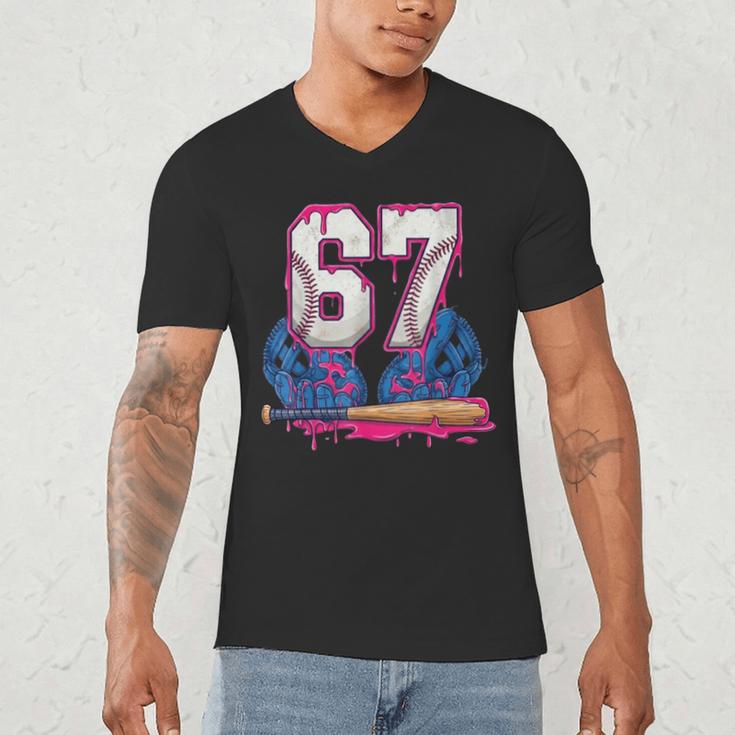 Baseball Drip 67 Meme Six Seven 6-7 Gen Alpha Slang Men's V-Neck T-Shirt Baseball Drip 67 Meme Six Seven 6-7 Gen Alpha Slang Men's V-Neck T-Shirt