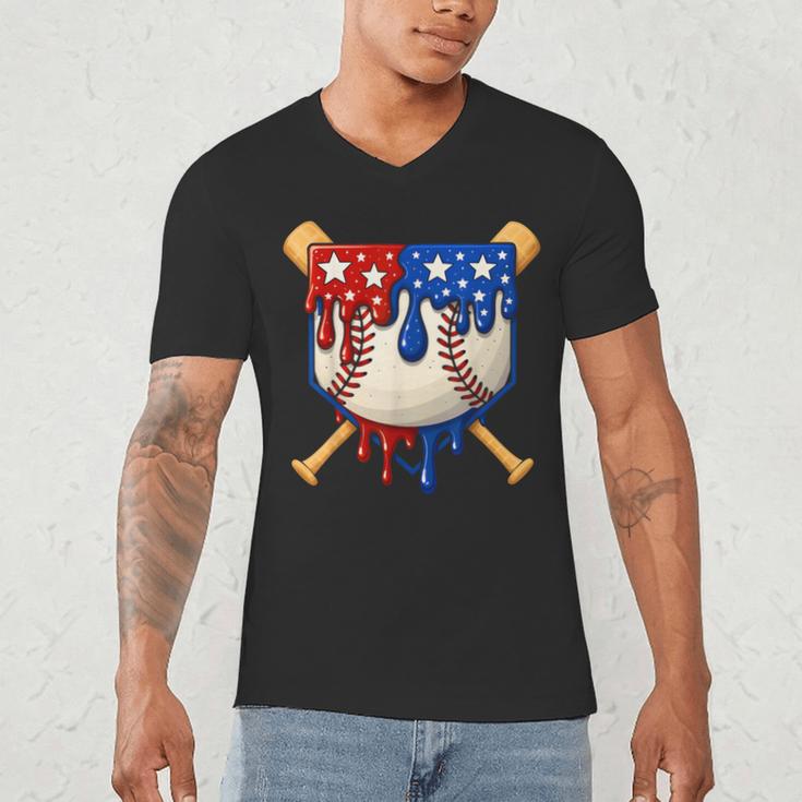 Baseball Drip American Flag Home Plate 4th Of July Patriotic Men's V-Neck T-Shirt Baseball Drip American Flag Home Plate 4th Of July Patriotic Men's V-Neck T-Shirt